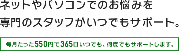 ネットやパソコンでのお悩みを専門のスタッフがいつでもサポート。毎月たった500円で365日いつでも、何度でもサポートします。